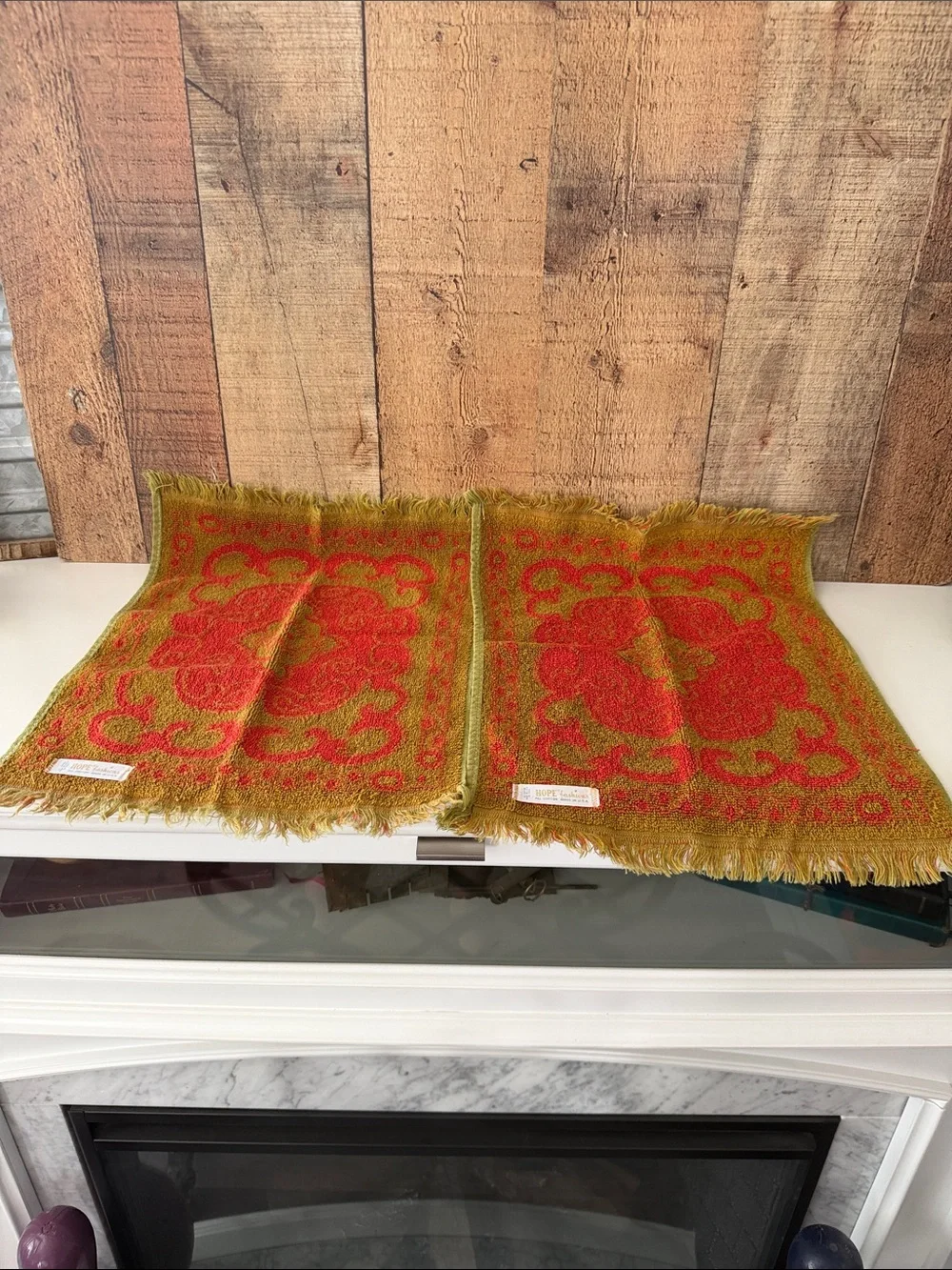 Vintage MCM Ornate Small Hand Towels in Olive Green, Orange and Mustard
